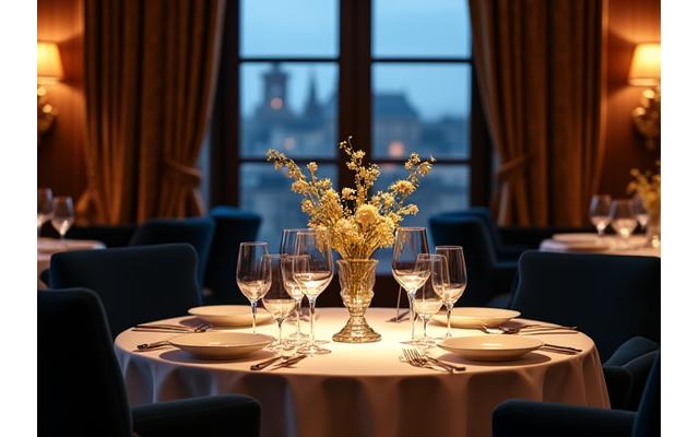 Intérieur élégant d'un restaurant étoilé avec une table privée dressée, lumières tamisées et ambiance sophistiquée.