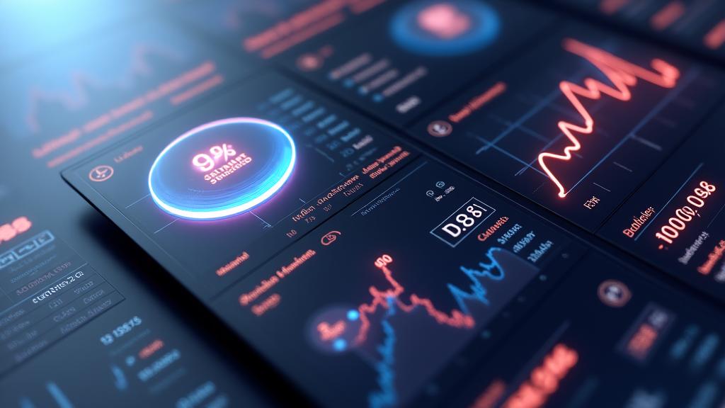 Tableau de bord dynamique et animé affichant des statistiques clés telles que des pourcentages de satisfaction, des heures économisées, et des graphiques d'optimisation budgétaire, dans une interface utilisateur élégante.