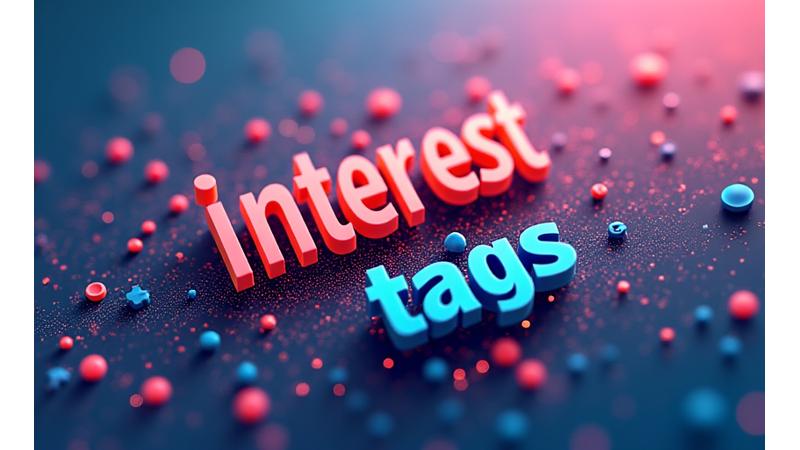 Nuage de tags dynamique représentant diverses passions et hobbies (ex: 'Plongée', 'Gastronomie', 'Photographie', 'Randonnée', 'Art') interconnectés, avec certains tags mis en évidence par la couleur accent (#8E44AD).