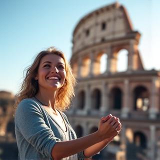 Anna et Léo, un couple souriant, se tenant la main devant le Colisée de Rome, symbole de leur rencontre par Voyage Hermès.