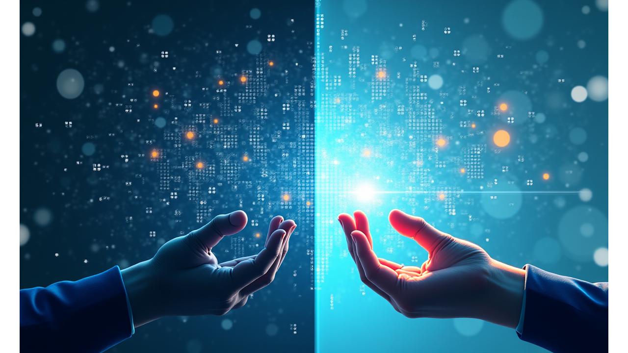 Interface utilisateur affichant des transactions blockchain sécurisées pour des réservations de voyage, divisé en deux parties comparant un système traditionnel opaque et un système blockchain transparent et vérifiable, avec des éléments visuels de cryptographie et de connectivité globale.